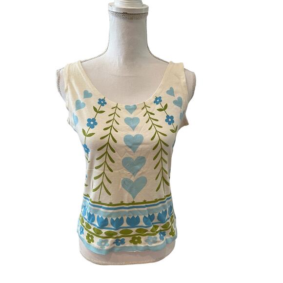 Vintage 80s Heart & Flower Print Tank Top Off White Avocado Green - Picture 1 of 7